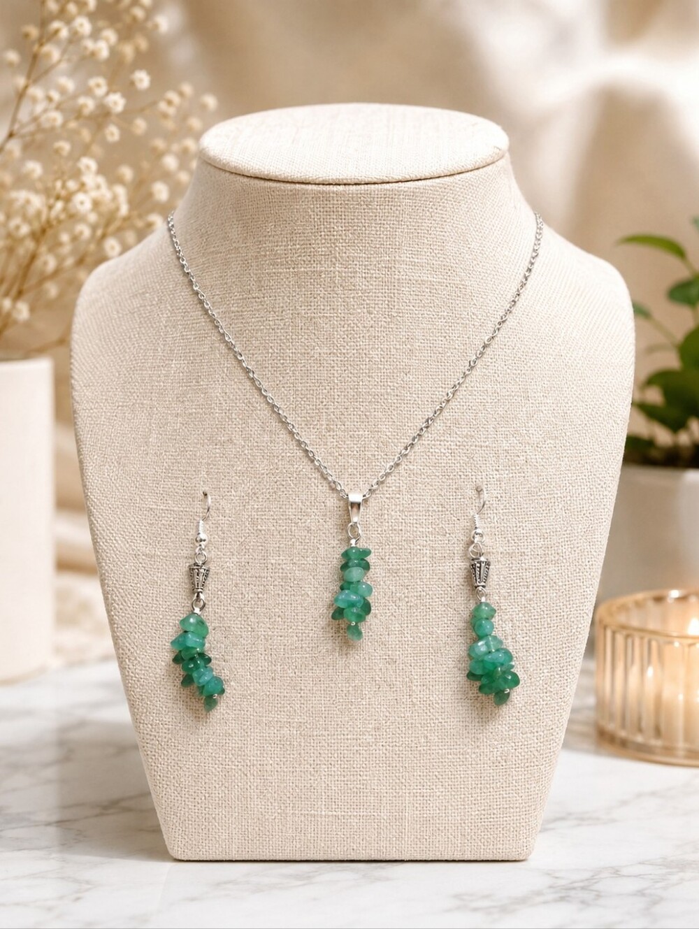 Elegant Silvertone and Green Aventurine Jewelry Set